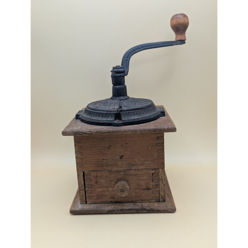 Antique Hand Crank Coffee Grinder Wood Dovetailed Box Ornate Cast Iron Mill...